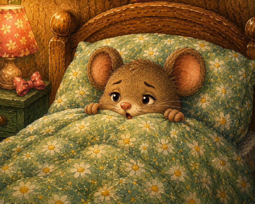 Millie Mouse hiding under her duvet