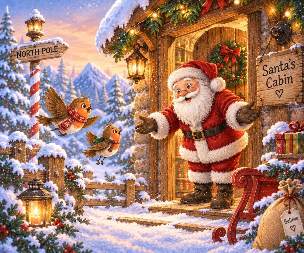 Santa welcoming Bobbin to his cabin