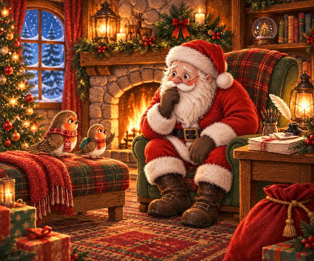 Santa by the fire, listening to Bobbin