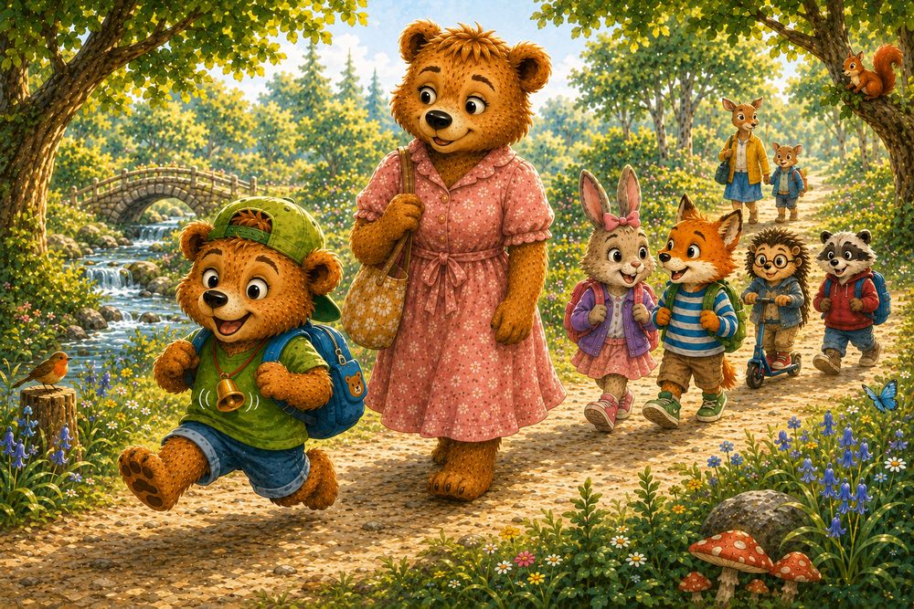 Archie Bear skipping to school with friends