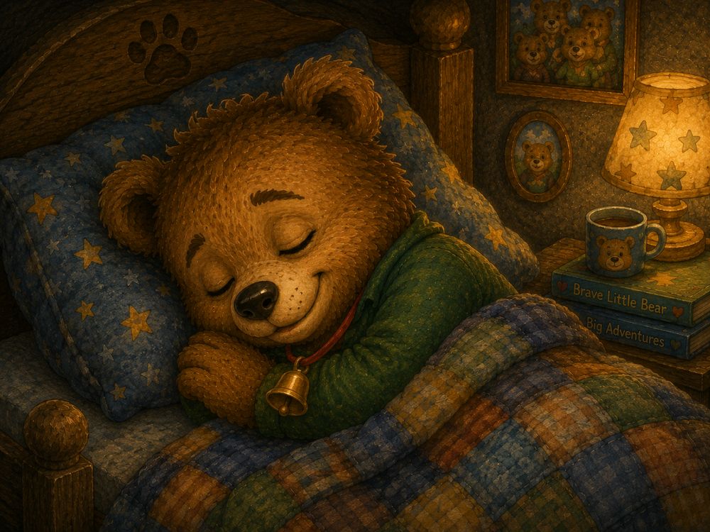 Archie Bear falling asleep with a smile