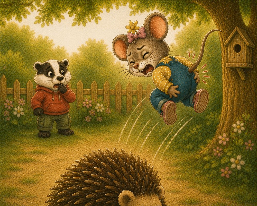 Millie Mouse flying across the playground