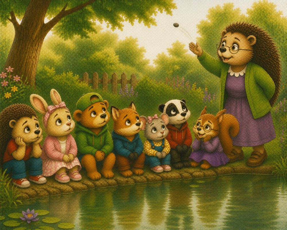 The class gathered around the school pond